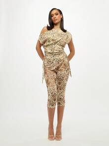 SUMWON WOMEN Animal Print Capri Leggings High Rise Snakeskin Pattern Mesh Fabric Fashion Summer Vacation Party Club Evening Wear - Multicolor - View 3