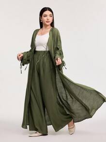 Veilorie Women's Solid Color Drawstring Long Sleeve Long Shirt And Trousers Two-Piece Set - Army Green - View 4