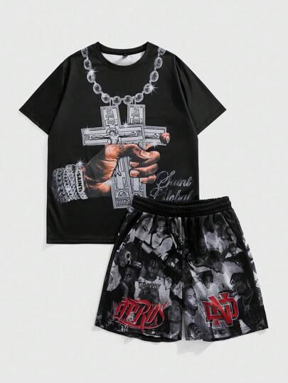 Goth Men's Cross Print T-Shirt & Graphic Print Shorts Set