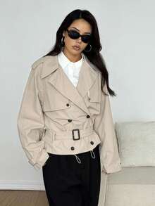 SHEIN EZwear 秋冬女士休闲百搭纯色双排扣风衣 - 卡其色 - 查看 4