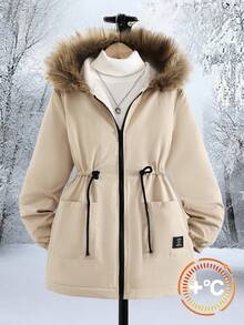 Tween Girl Casual Loose Thermal Lined Faux Fur Trim Hooded Mid-Length Parka Jacket Fall Winter - Apricot - View 6