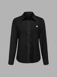 EMERY ROSE Camisa de manga larga de unicolor casual y de oficina para mujer - Negro - Ver 3