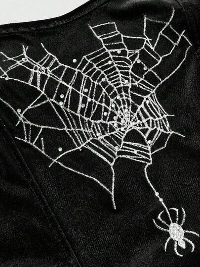 Goth Blusa de encaje con cuello cuadrado, bordado de araña y aplicaciones de rhinestone, estilo gótico palaciego para mujer de talla grande, Halloween