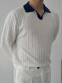 DAZY Pull polo en tricot texturé à couleurs contrastées et patchwork pour hommes en automne