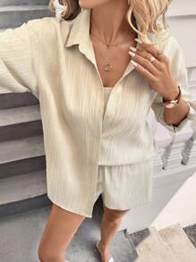 Sylviya Women's Khaki Woven Fabric Two-Piece Outfit: Casual Collared Crop Top And Shorts Set With Wrist-Length Sleeves And Pocket Details - Khaki - View 7