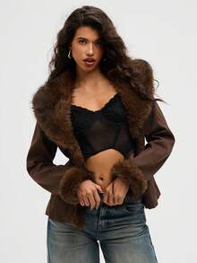 Aloruh Áo khoác thường chắp vá lông giả cổ điển thời trang dành cho nữ, mùa thu, lễ hội Rave chào đón năm học mới, buổi hòa nhạc đồng quê Ibiza Nashville, trang phục miền Tây dành cho nữ, phong cách Boho, đường phố, nhiệt đới, áo khoác dáng rộng màu nâu Gyaru - màu nâu - Xem 5