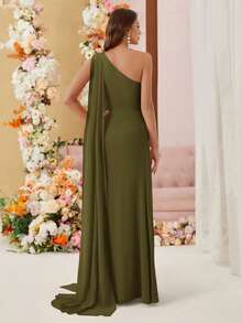 SHEIN Belle Chiffon Bridesmaid Dress With Asymmetric Shoulder And Draped Detailing (Adult) - Army Green - View 2