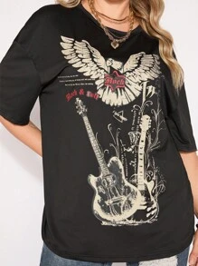SHEIN EZwear 大码女式休闲简约摇滚吉他图案圆领短袖 T 恤，宽松款，适合夏季 - 黑色 - 查看 6