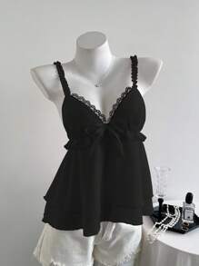 Flirla Black Elegant V-Neck Ruffle Trim Chiffon Layered Cami Top, For Going Out - Black - View 5