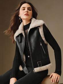 Anewsta 女士休闲拉链背心夹克，带毛领，适合秋冬季日常穿着 - 黑與白 - 查看 1