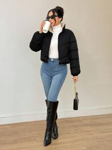 SHEIN PETITE Women's Zipper Long Sleeve Fashionable Popular Winter Insulated Padded Coat, Dress Casual ,Business Casual Outfits Women,Fall Clothes For Women,Going Out Tops