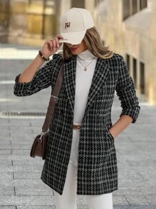 SHEIN Clasi 女士格子翻领长袖口袋休闲外套，女士冬季外套，冬季服装 - 黑色 - 查看 4