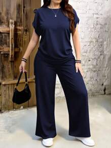 EMERY ROSE 2pcs Navy Blue Solid Color Plus Size Women Casual Set, Suitable For Summer - Navy Blue - View 3