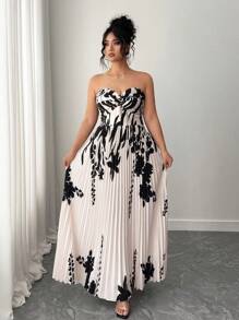 Elenzga 大码优雅露肩百褶花卉印花连衣裙，夏季 - 杏色 - 查看 3