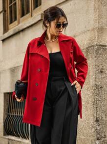 SHEIN Clasi 大码纯色双排扣系带长袖风衣 - 酒紅色 - 查看 5
