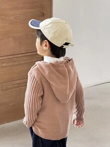 SHEIN Young Boys' Casual Zip-Up Hooded Cardigan With Twist Floral Design Kids Cardigan Boys Knit Cardigan Kids Knitwear Toddler Boy Hooded Cardigan Cable Knit Cardigan Kids,In Fall/Winter - Khaki - View 3