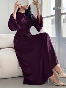 Modelyn 勃艮第红女士纯色缎面优雅束腰连衣裙，优雅晚会礼服长款晚礼服 - 紫色 - 查看 3