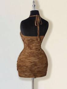 SHEIN ICON Summer Vintage Wild Street Tiger Print Halter Bodycon Backless Vacation Style Ruched Waist Layered Mini Dress - Multicolor - View 9