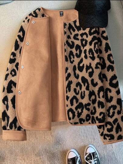 SHEIN Clasi Plus Size Women's Regular Leopard Print Jacket, Autumn/Winter Coat Fall Cloth For Women
