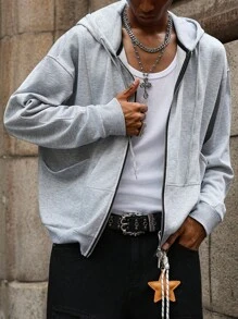 Manfinity EMRG 男士休闲前拉链落肩抽绳连帽衫 男士拉链连帽衫 灰色连帽衫 男士休闲连帽衫 拉链连帽衫 男士运动衫 连帽衫 灰色拉链连帽衫 男士拉链连帽衫 男士街头风连帽衫 男士科技风连帽衫 - 灰色 - 查看 4