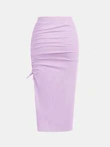 SHEIN Girlism 2件套青少年女童合身休闲针织紧身褶边长裙 - 淡紫色 - 查看 6