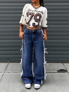Teen Girl Contrast Striped Bow Decor Wide Leg Jeans - Dark Wash - View 6