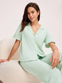 LUVLETTE 女士透气棉质薄荷清新短袖纽扣上衣和裤子，轻盈舒适，家居服可爱睡衣套装，裤子带口袋，浪漫居家休闲舒适，也适合青少年女孩、年轻女孩和儿童，春夏皆宜。 - 綠色 - 查看 5