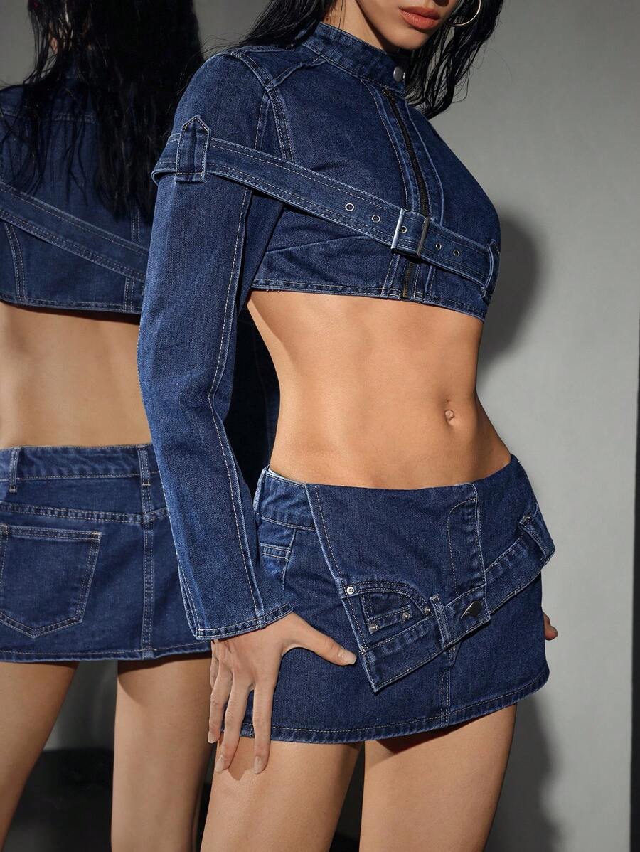 Flirla Women's Adjustable Button Design Cropped Long Sleeve Denim Jacket - Dark Wash - View 1