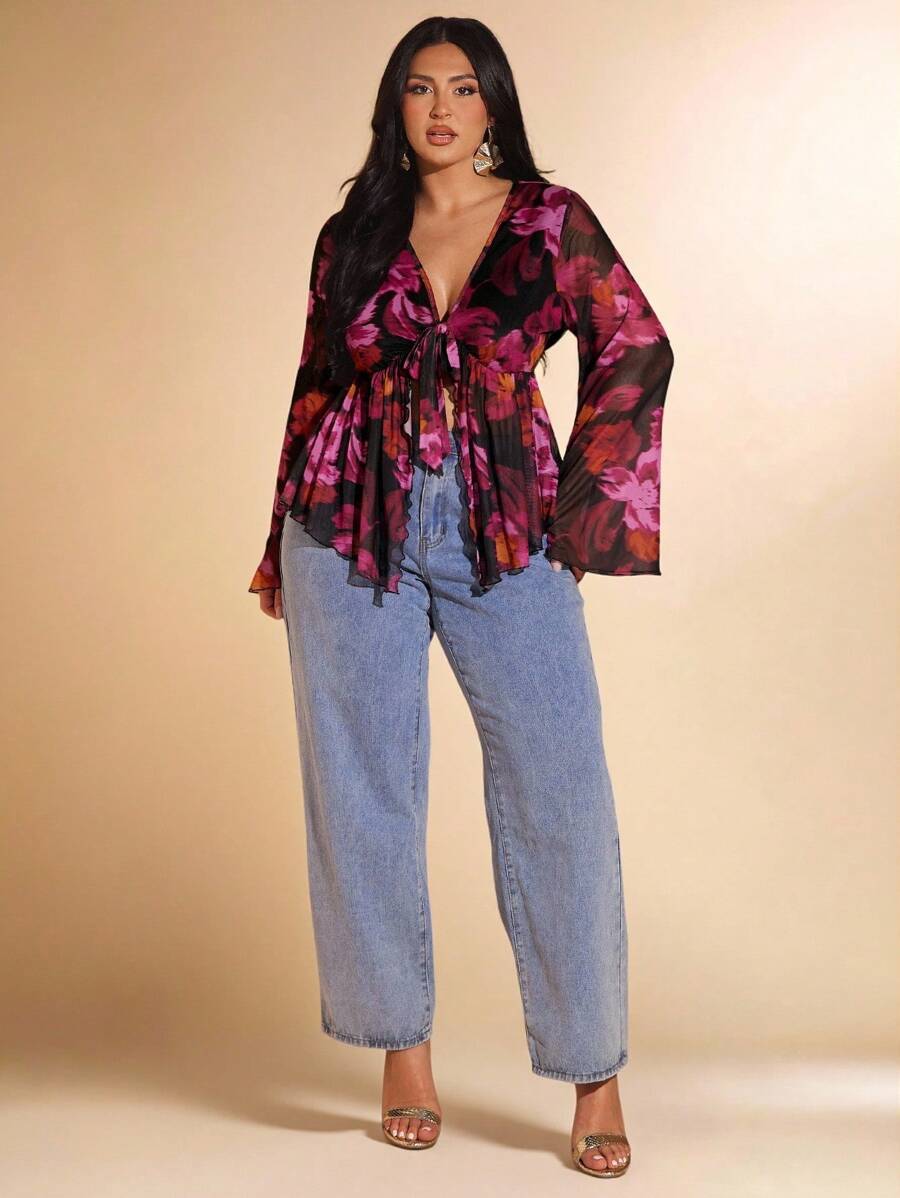 SHEIN BAE Plus Size Vintage Paisley Print Front Tie Knit Top, Flare Sleeve Sheer Mesh Printed Blouse, Summer Vacation/Long Sleeve Top/Summer Top/Formal Top For Women/Fall Wedding Guest Top Curve/Club Women Sexy/Teacher/Halloween/Airport/Western/Back To School/Birthday Top