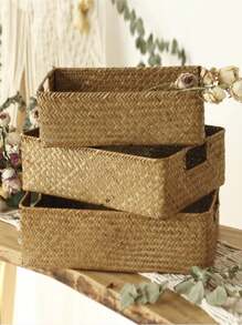 SHEIN 1PC Bamboo Storage Basket, Minimalist Woven Storage Basket For Home - Yellow - View 4