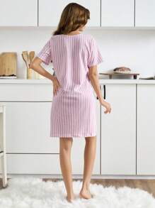 SHEIN Women Striped With Round Neck Cute Lettered&Heart Print Short Sleeved Pajama Night Dress Women Sleepwear Dress Night Dress Sleepwear Women Pajama Dress Short Nightgown Womens Nightdress