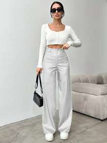 EURMUSE Women's Solid Color High Waist Straight Leg Pants, Suitable For Commuting - White - View 5