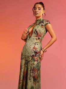 Hauture Abstract Floral Animal Print Lace Mesh Dress