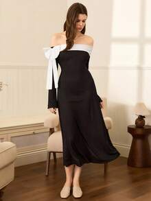 Vestido elegante Moireta con hombros descubiertos, decoración de lazo y contraste de color, vestido negro de manga larga con detalle de lazo, otoño - Blanco y Negro - Ver 1