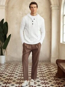 Manfinity CityGents 男士长袖连帽套头衫，针织运动衫，带抽绳，男士粗针织毛衣，男士开衫，男士纽扣连帽衫，针织男士衬衫，男士毛衣夹克 - 白色 - 查看 4