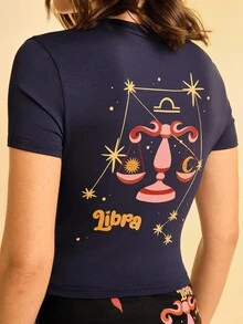 CAJUNI Women's Tropical Bohemian Style Libra Constellation Print Navy Blue Casual Cropped T-Shirt - Multicolor - View 7