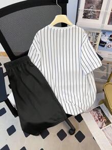 SHEIN 青少年男孩休闲、舒适、时尚、百搭、可爱、柔软条纹短袖 T 恤和短裤套装，适合日常穿着、上学、郊游、运动、度假和派对 - 黑色 - 查看 2
