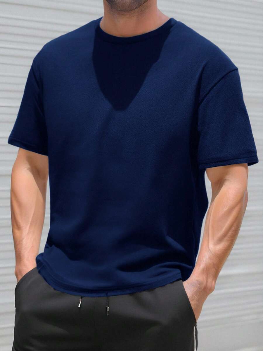 SHEIN Áo thun ngắn tay màu trơn phong cách thường ngày mùa hè cho nam thiếu niên - Màu xanh hải quân - Xem 1