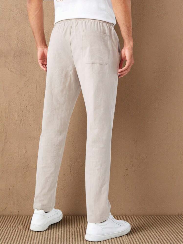 HIMLAND Men Cotton Drawstring Waist Pocket Patched Pants Tapered Long Slacks Linen Daddy Plain Going Out Husband, Fall, Old Money - Beige - View 2