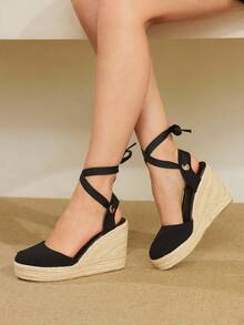 Styleloop 女士厚底坡跟凉鞋，黑色绒面革，夏季波西米亚风度假凉鞋，编织绳罗马沙滩凉鞋，交叉绑带设计，正装鞋，度假旅行必备单品 - 黑色 - 查看 6