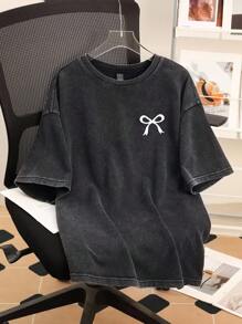 Attitoon 女士黑色针织酸洗宽松T恤，适合夏季穿着，复古蝴蝶印花 - 彩色 - 查看 7