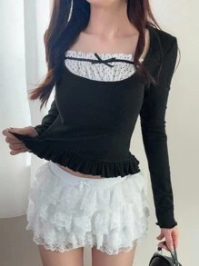 FRIFUL Women's Square Neck Polka Dot Patchwork Drawstring Bow Decor Ruffle Hem Long Sleeve Slim Fit Versatile T-Shirt, Autumn Cute Tops