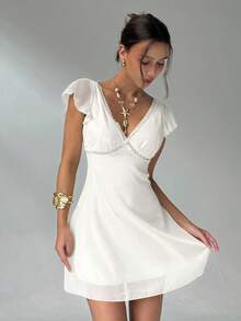 Aloruh Elegant Sexy Charming Ruffle Sleeve A-Line Deep V-Neck Backless Mini Dress For Women - White - View 6