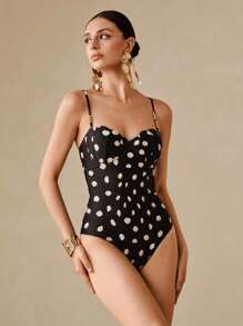 Swim Oasis 全新性感紧身黑白波尔卡圆点印花细肩带聚拢钢圈连体衣，度假海滩短款上衣和短裙两件套 - 黑與白 - 查看 5