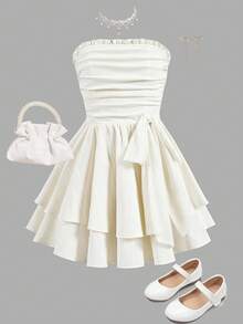 SHEIN 年轻女孩编织纹理荷叶边蝴蝶结分层蛋糕裙腰带优雅连衣裙，白色连衣裙，法式仙女风格，公主裙，适合生日派对，毕业舞会，派对 - 米色 - 查看 4