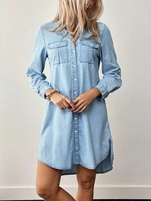EMERY ROSE Women Casual V-Neck Single-Breasted Cuffed Sleeves Denim Dress