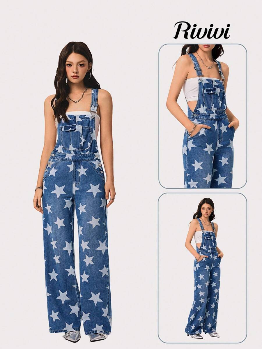Rivivi 休闲有趣的百搭星星印花牛仔背带裤和连体裤