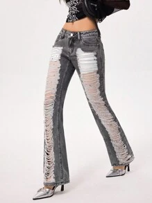 SHEIN ICON Asian Fit Low Waist Skinny Ripped Flare Jeans - Dark Grey - View 6