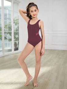 SHEIN Malla negra minimalista con empalme para niñas preadolescentes, ajuste ceñido para la escuela, entrenamiento profesional, ballet, gimnasia, estudio de danza, leotardo de danza - Burdeos - Ver 5
