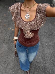 SHEIN EZwear Women's Summer Fashion Sequin Ruffles Patchwork Ruched Slim Fit Tank Top ,Y2k Clothes Women, Western Women Wear, Bohemian Clothes For Women ,Clubs Women , Country Concert